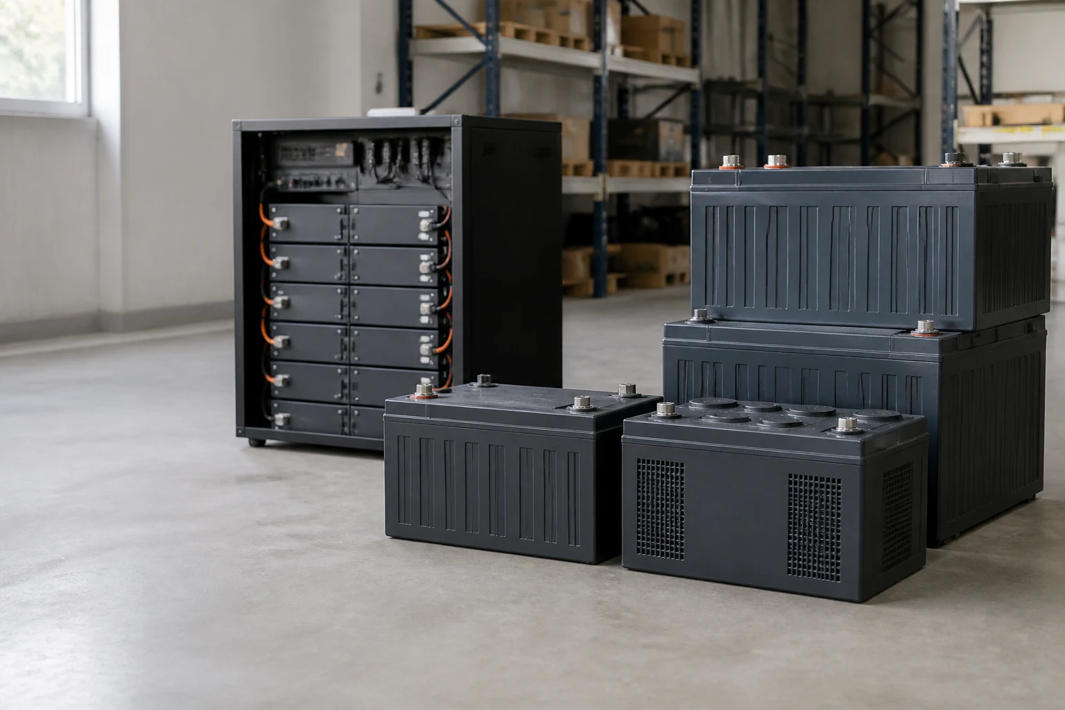Stationary storage batteries in a warehouse